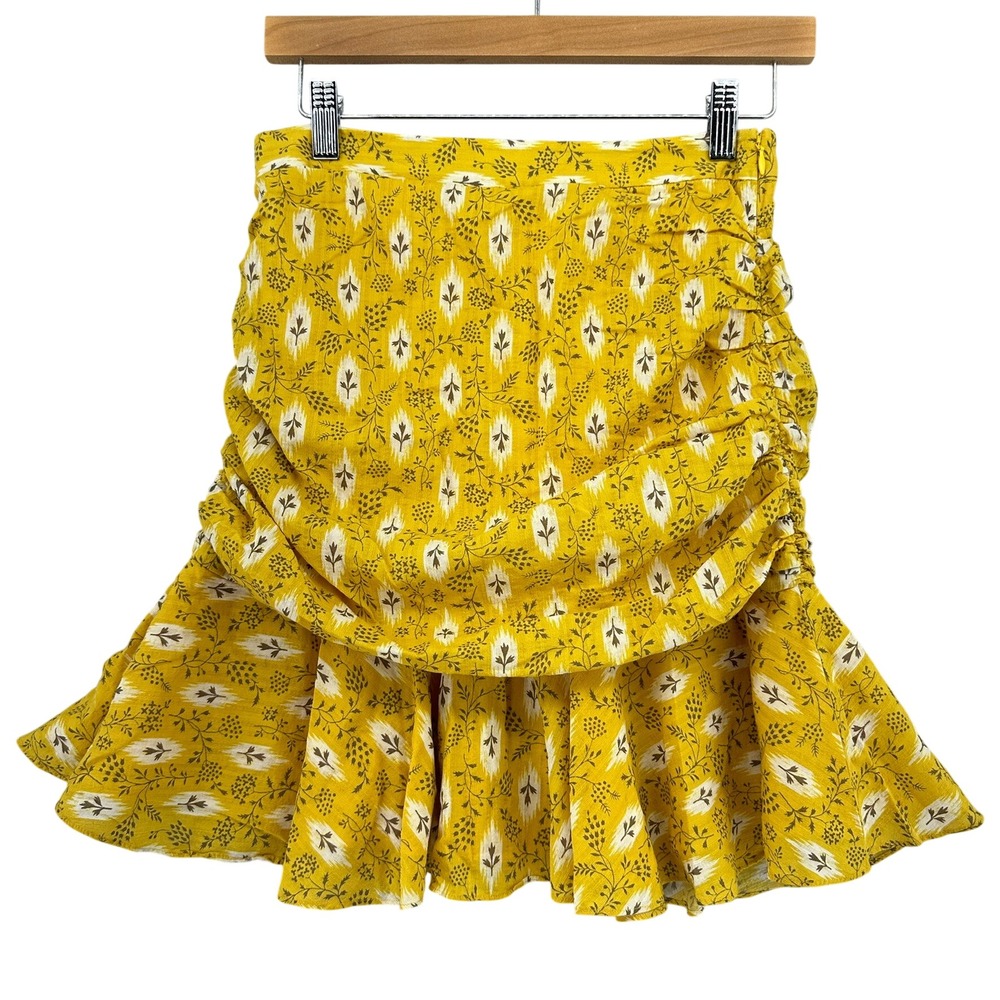 Veronica Beard Taras Ruched Mini Skirt SZ 2 Yellow Ikat Floral Silk Ruffle Boho